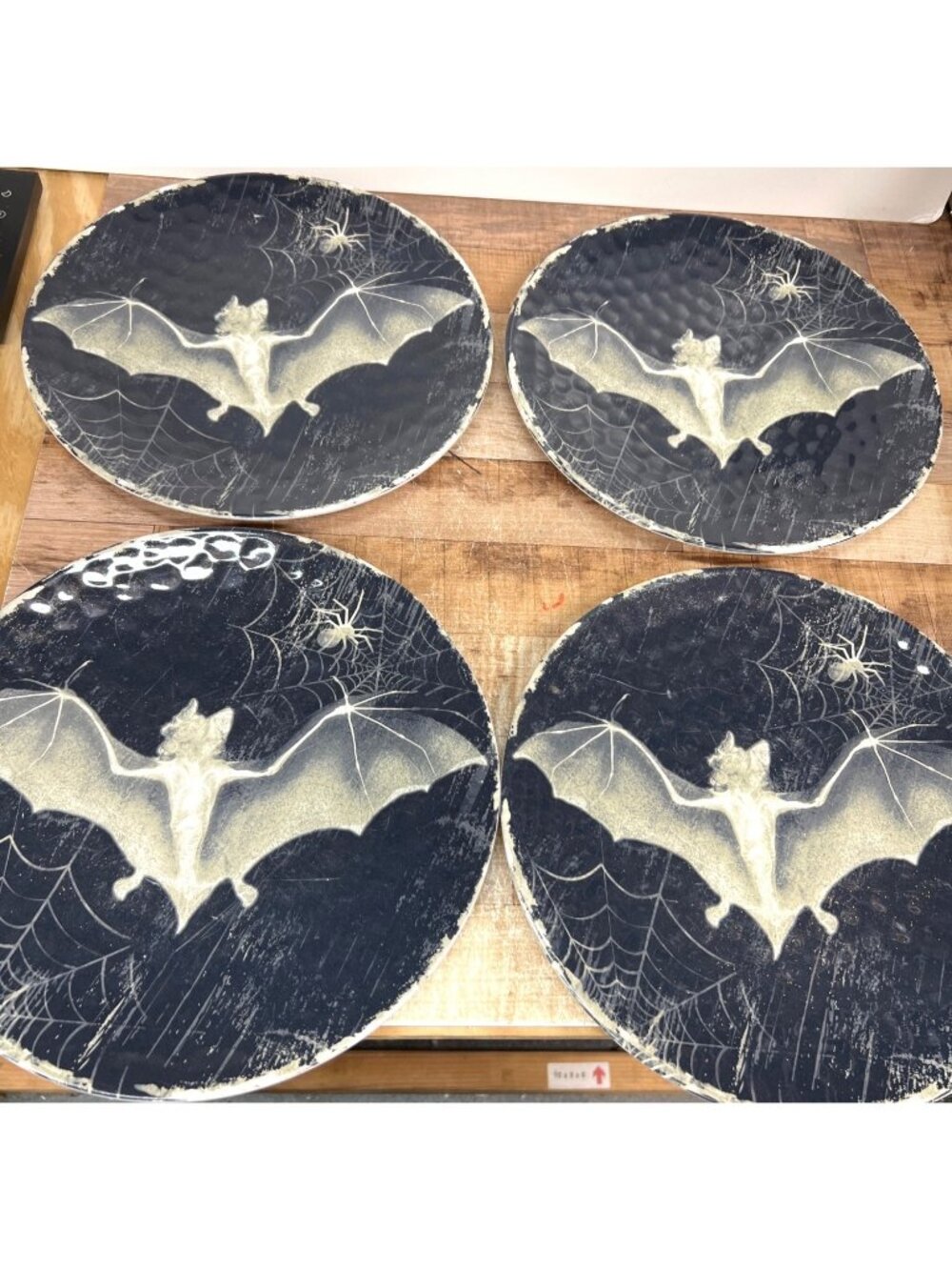 Set Of 4 Halloween Bat & Spiderweb Melamine Dinner Plates Gothic Tableware